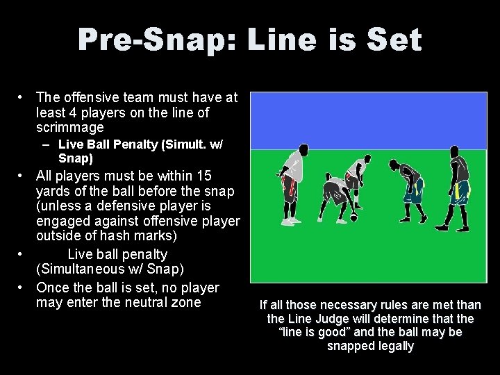 Pre-Snap: Line is Set • The offensive team must have at least 4 players