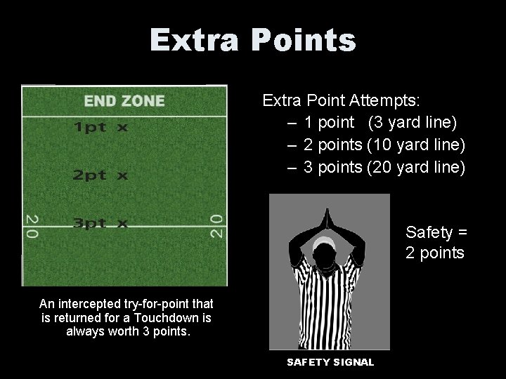 Extra Points Extra Point Attempts: – 1 point (3 yard line) – 2 points