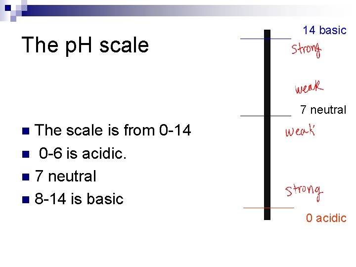 The p. H scale 14 basic 7 neutral The scale is from 0 -14