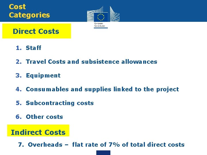 Cost Categories Direct Costs 1. Staff 2. Travel Costs and subsistence allowances 3. Equipment