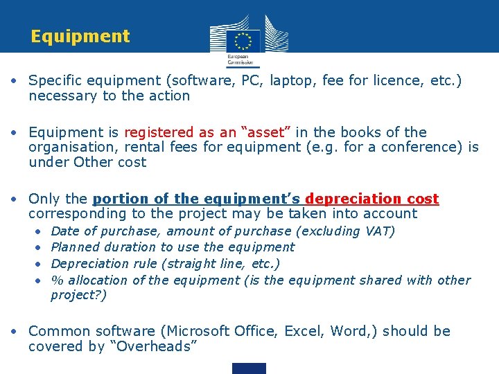 Equipment • Specific equipment (software, PC, laptop, fee for licence, etc. ) necessary to
