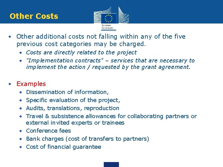 Other Costs • Other additional costs not falling within any of the five previous