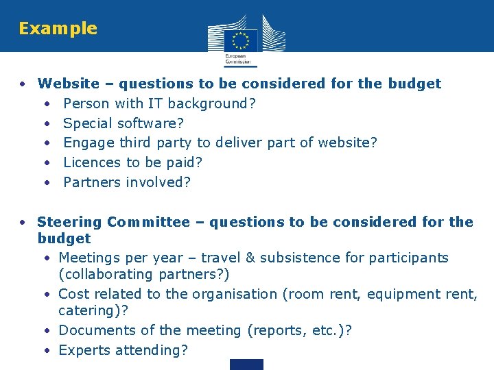 Example • Website – questions to be considered for the budget • Person with