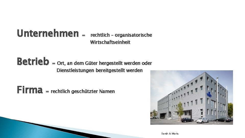 Unternehmen = rechtlich – organisatorische Wirtschaftseinheit Betrieb = Ort, an dem Güter hergestellt werden