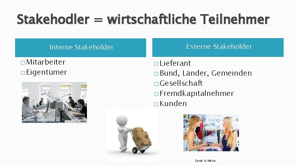 Stakehodler = wirtschaftliche Teilnehmer Externe Stakeholder Interne Stakeholder � Mitarbeiter � Eigentümer � Lieferant