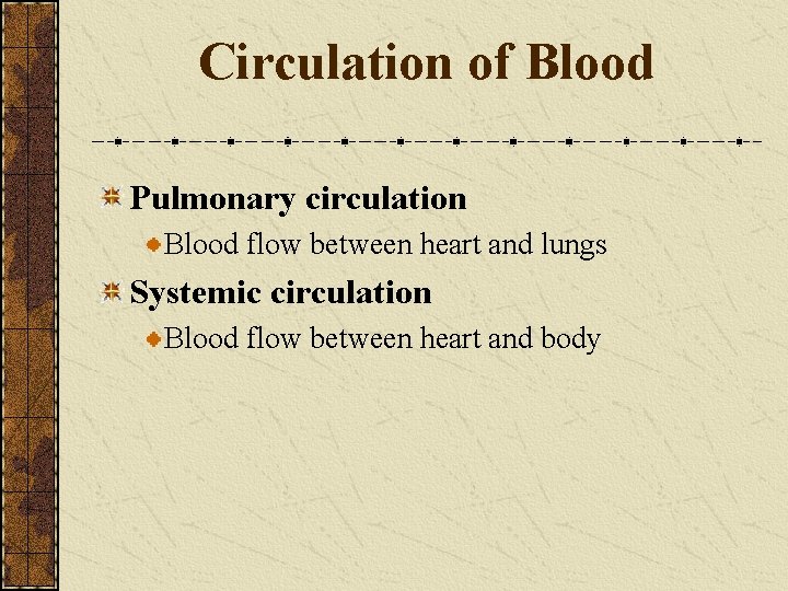 Circulation of Blood Pulmonary circulation Blood flow between heart and lungs Systemic circulation Blood