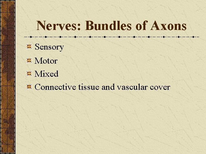 Nerves: Bundles of Axons Sensory Motor Mixed Connective tissue and vascular cover 