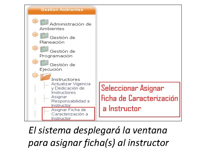 El sistema desplegará la ventana para asignar ficha(s) al instructor 