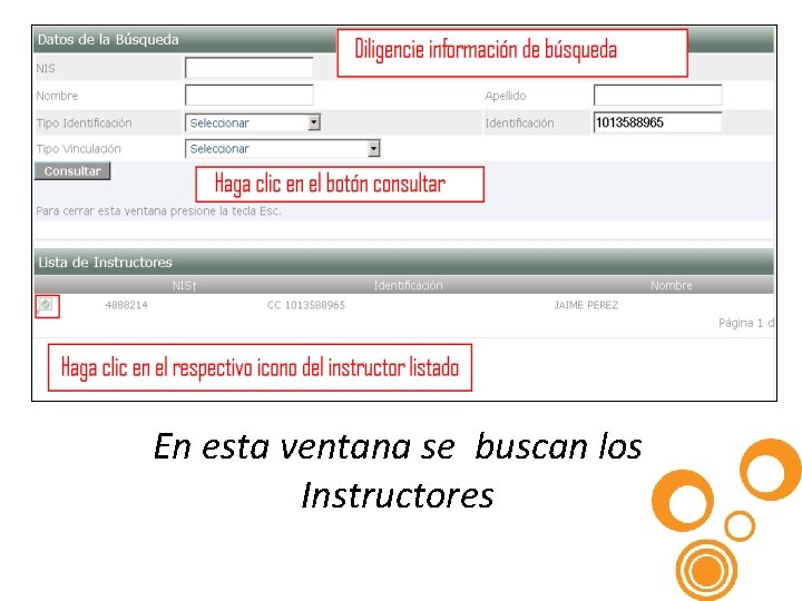 En esta ventana se buscan los Instructores 