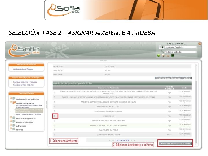 SELECCIÓN FASE 2 – ASIGNAR AMBIENTE A PRUEBA 