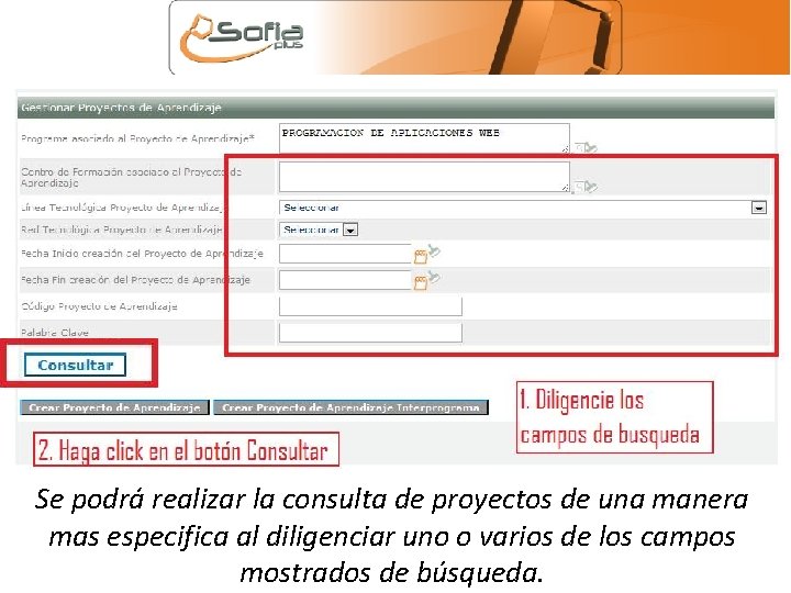Se podrá realizar la consulta de proyectos de una manera mas especifica al diligenciar