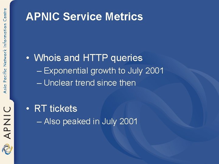 APNIC Service Metrics • Whois and HTTP queries – Exponential growth to July 2001