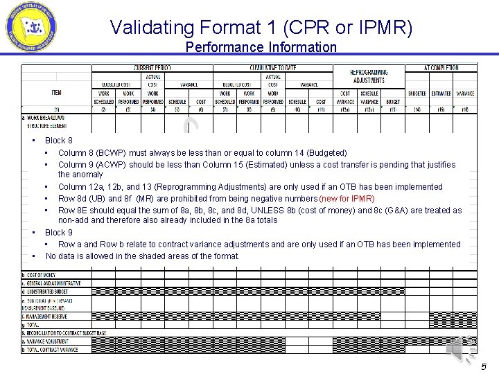 Validating Format 1 (CPR or IPMR) Performance Information • • • Block 8 •