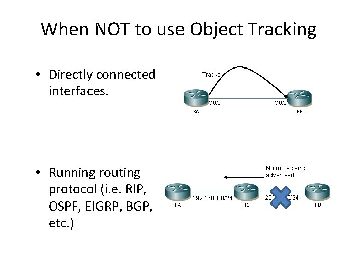 When NOT to use Object Tracking • Directly connected interfaces. Tracks G 0/0 RA When NOT to use Object Tracking • Directly connected interfaces. Tracks G 0/0 RA