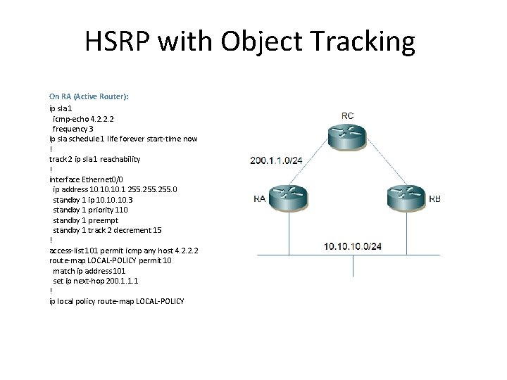 HSRP with Object Tracking On RA (Active Router): ip sla 1 icmp-echo 4. 2. HSRP with Object Tracking On RA (Active Router): ip sla 1 icmp-echo 4. 2.