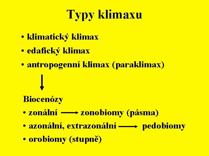 Typy klimaxu • klimatický klimax • edafický klimax • antropogenní klimax (paraklimax) Biocenózy •