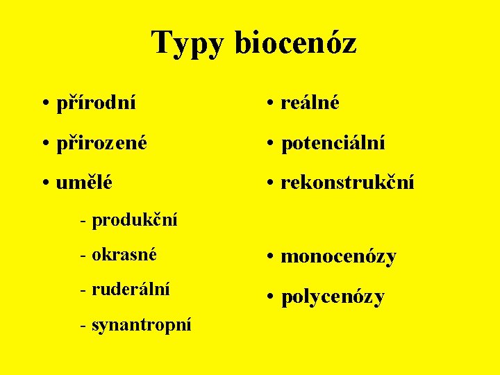 Typy biocenóz • přírodní • reálné • přirozené • potenciální • umělé • rekonstrukční