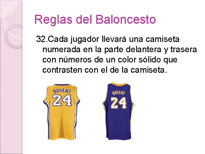 Reglas del Baloncesto 32. Cada jugador llevará una camiseta numerada en la parte delantera