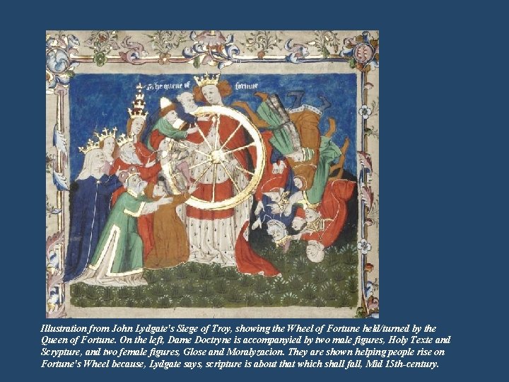 Illustration from John Lydgate's Siege of Troy, showing the Wheel of Fortune held/turned by