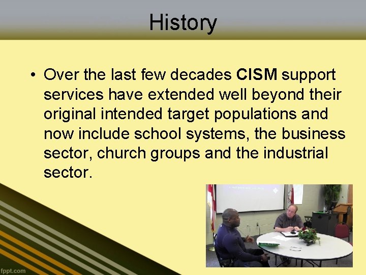 History • Over the last few decades CISM support services have extended well beyond
