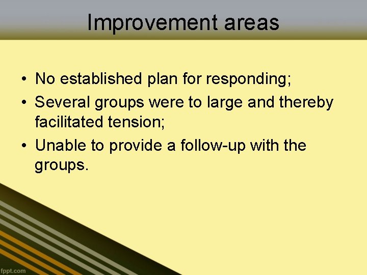 Improvement areas • No established plan for responding; • Several groups were to large