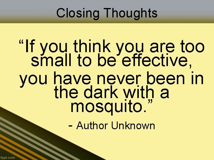 Closing Thoughts “If you think you are too small to be effective, you have