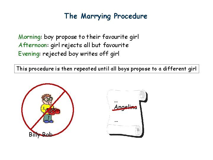 The Marrying Procedure Morning: boy propose to their favourite girl Afternoon: girl rejects all