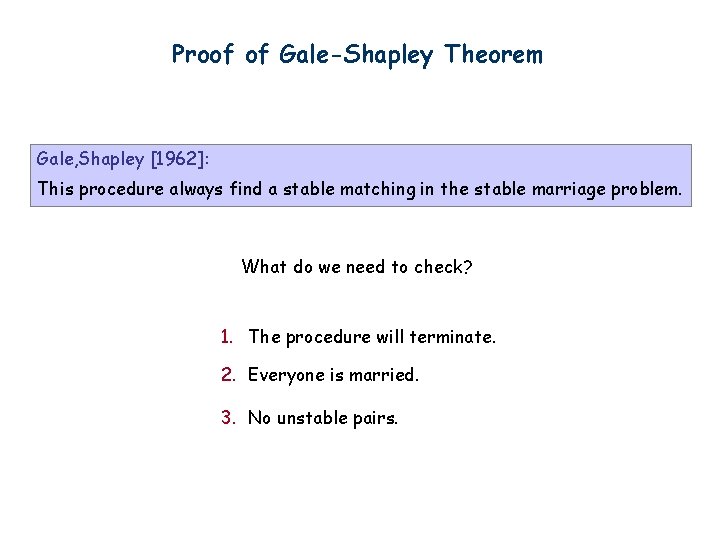 Proof of Gale-Shapley Theorem Gale, Shapley [1962]: This procedure always find a stable matching
