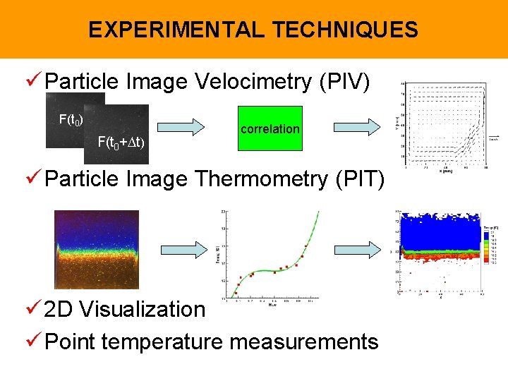 EXPERIMENTAL TECHNIQUES ü Particle Image Velocimetry (PIV) F(t 0+ t) correlation ü Particle Image