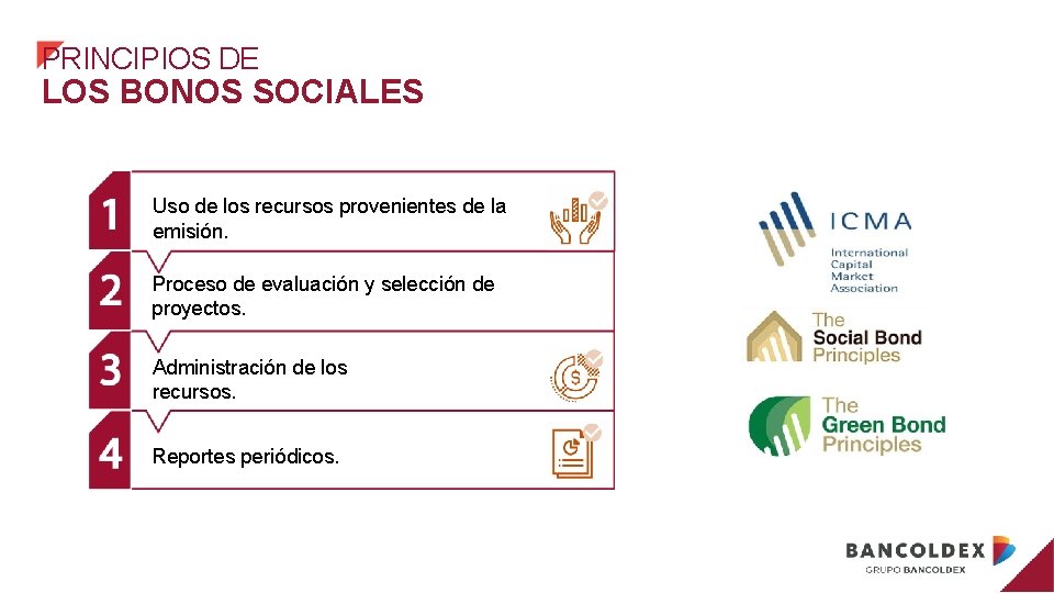 PRINCIPIOS DE LOS BONOS SOCIALES Uso de los recursos provenientes de la emisión. Proceso
