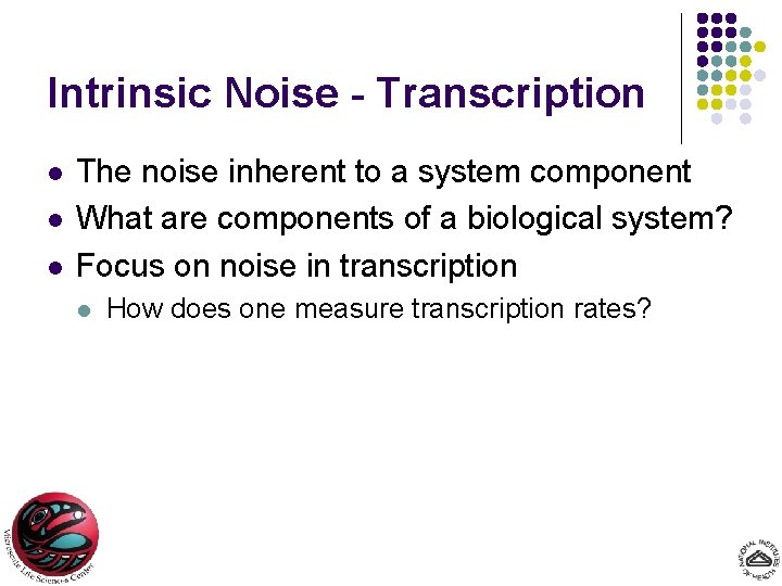 Intrinsic Noise - Transcription l l l The noise inherent to a system component