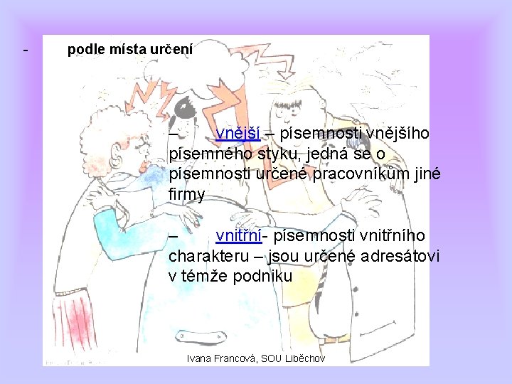 - podle místa určení – vnější – písemnosti vnějšího písemného styku, jedná se o