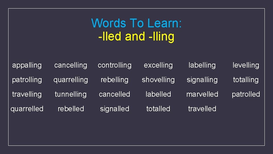 Words To Learn: -lled and -lling appalling cancelling controlling excelling labelling levelling patrolling quarrelling