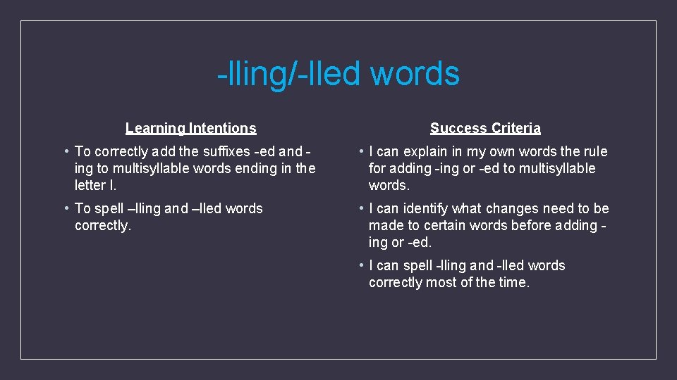 -lling/-lled words Learning Intentions Success Criteria • To correctly add the suffixes -ed and