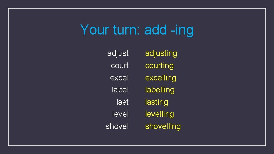 Your turn: add -ing adjusting courting excelling labelling last level shovel lasting levelling shovelling