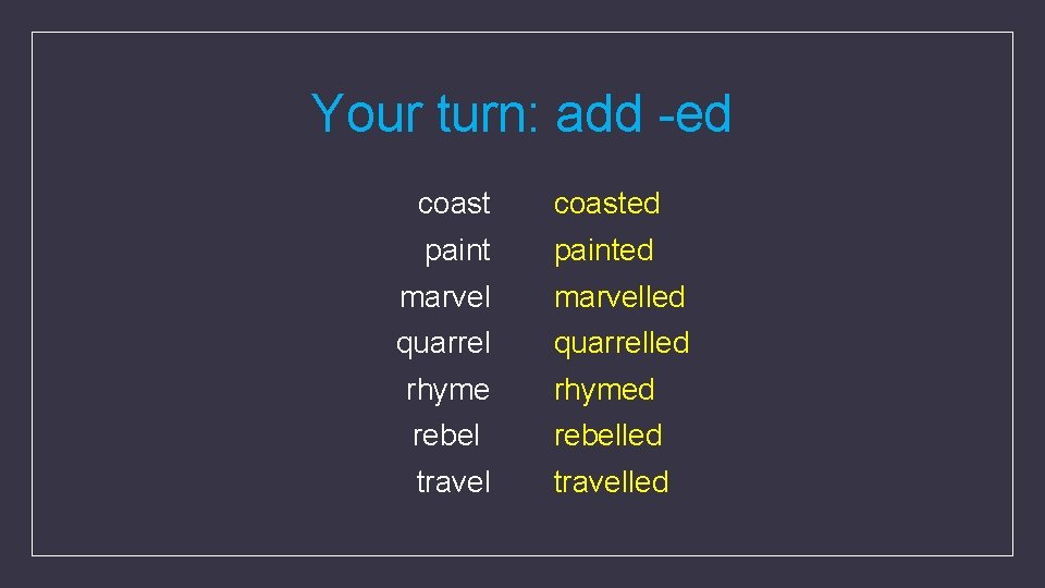 Your turn: add -ed coasted painted marvelled quarrelled rhymed rebelled travelled 