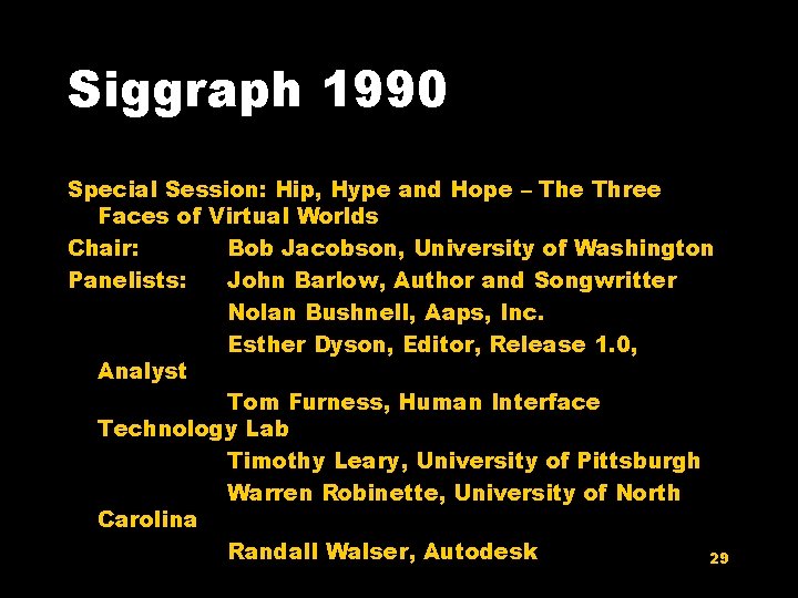 Siggraph 1990 Special Session: Hip, Hype and Hope – The Three Faces of Virtual