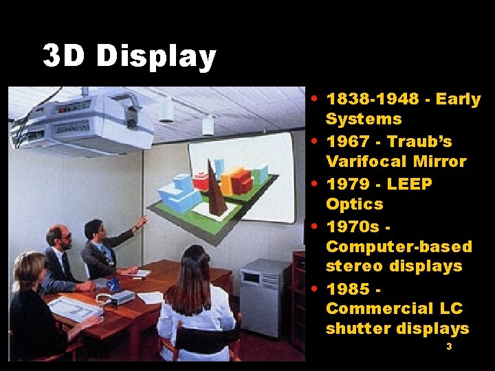 3 D Display • 1838 -1948 - Early Systems • 1967 - Traub’s Varifocal