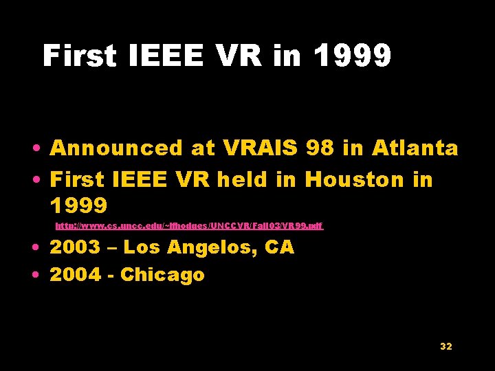 First IEEE VR in 1999 • Announced at VRAIS 98 in Atlanta • First