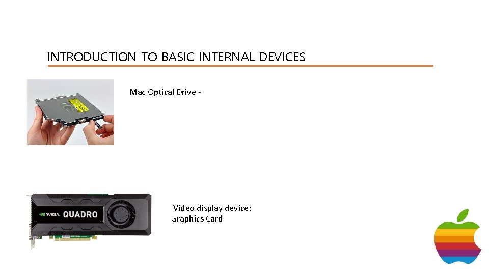 INTRODUCTION TO BASIC INTERNAL DEVICES Mac Optical Drive - Video display device: Graphics Card