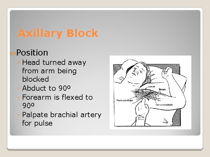 Axillary Block Position ◦ Head turned away from arm being blocked ◦ Abduct to