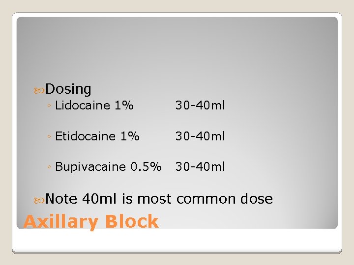  Dosing ◦ Lidocaine 1% 30 -40 ml ◦ Etidocaine 1% 30 -40 ml