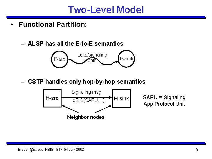 Two-Level Model • Functional Partition: – ALSP has all the E-to-E semantics P-src Data/signaling