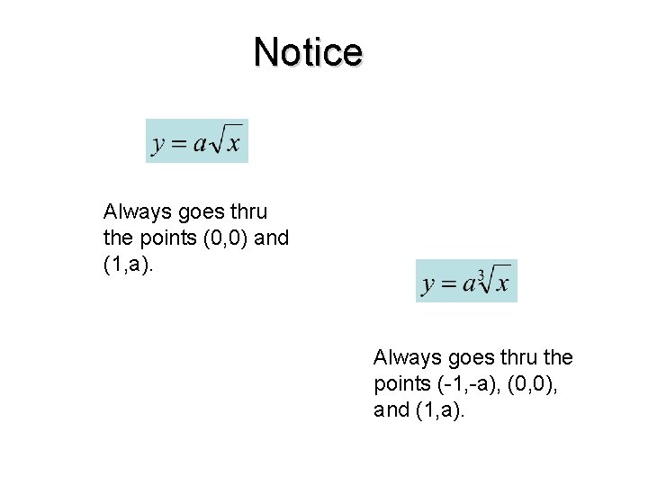 Notice Always goes thru the points (0, 0) and (1, a). Always goes thru