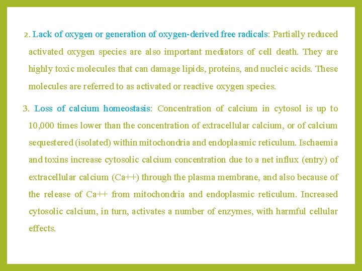 2. Lack of oxygen or generation of oxygen-derived free radicals: Partially reduced activated oxygen