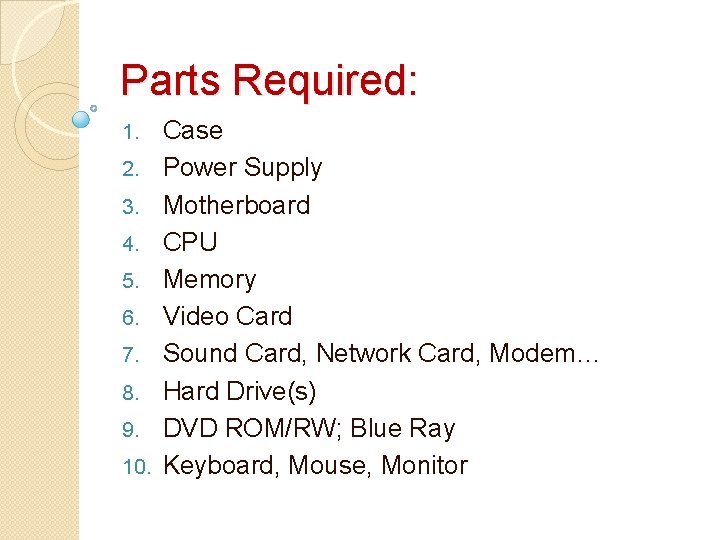 Parts Required: 1. 2. 3. 4. 5. 6. 7. 8. 9. 10. Case Power