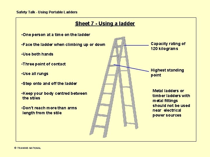 Safety Talk - Using Portable Ladders Sheet 7 - Using a ladder • One