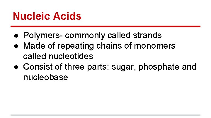 Nucleic Acids ● Polymers- commonly called strands ● Made of repeating chains of monomers