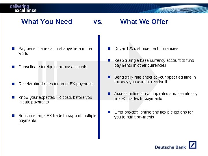 What You Need vs. Customer Needs n Pay beneficiaries almost anywhere in the world
