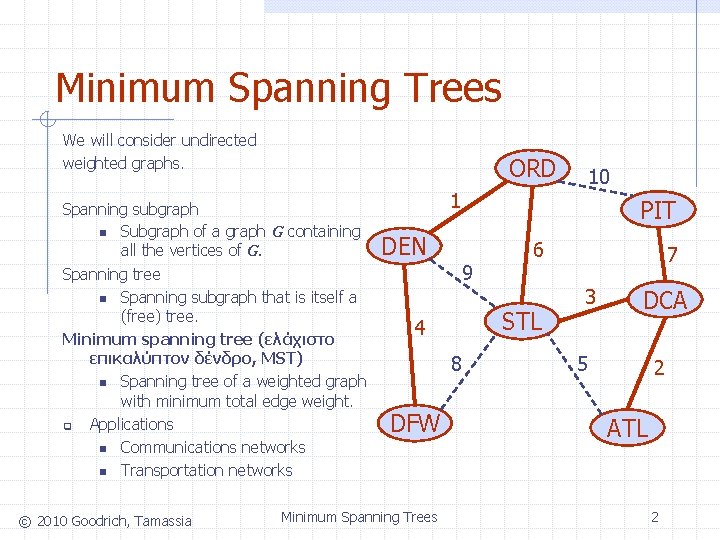 Minimum Spanning Trees We will consider undirected weighted graphs. ORD Spanning subgraph n Subgraph